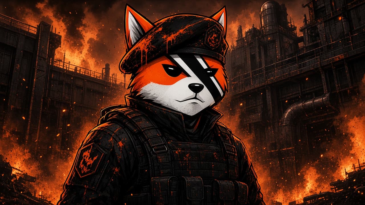 Concept art of the orange BYTE fox in black tactical gear, set against an industrial fortress